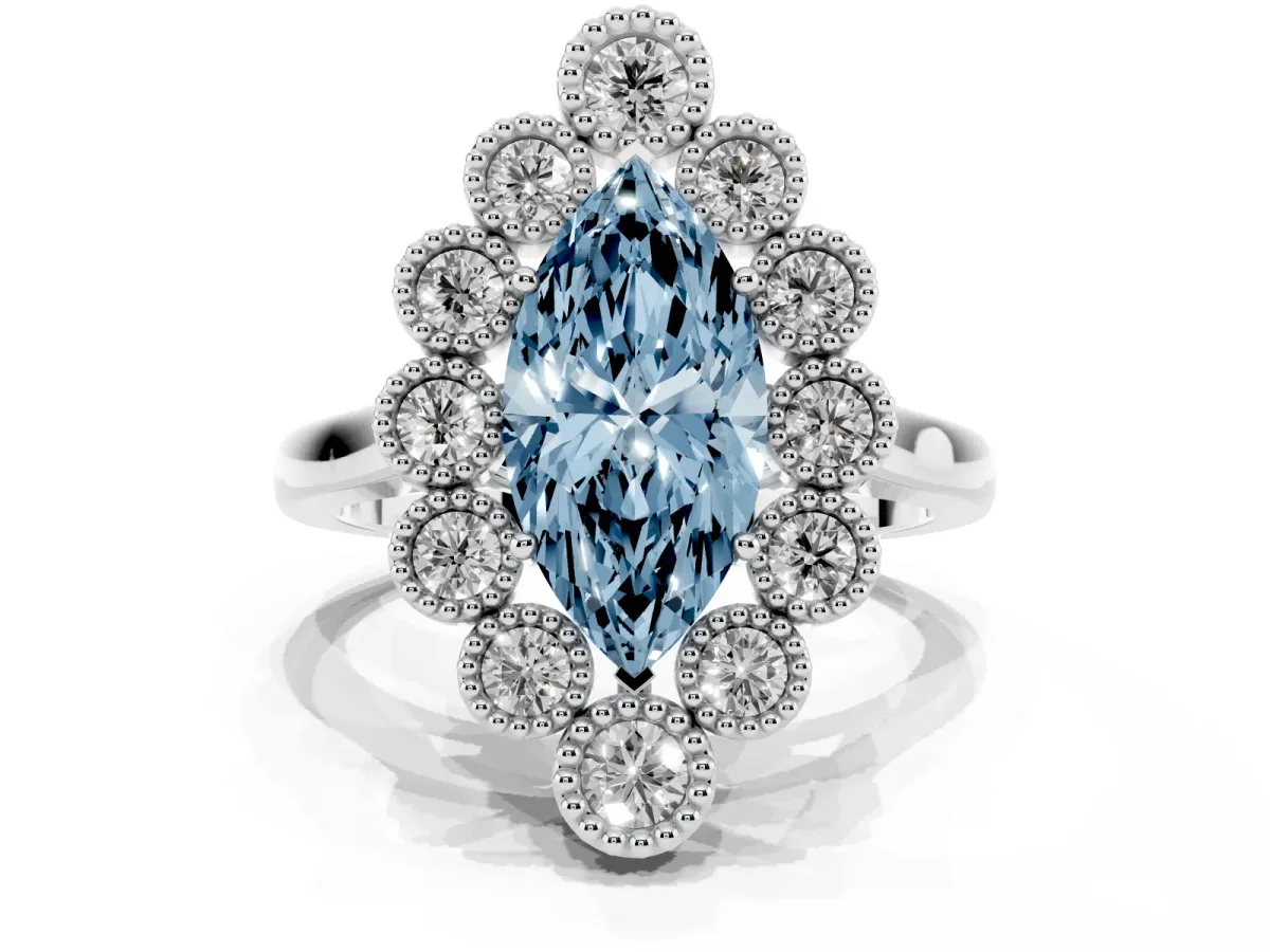 Fancy Blue Marquise Cut Halo Diamond Cluster Engagement Ring with Milgrain Bezel Setting and Solitaire Band Silver