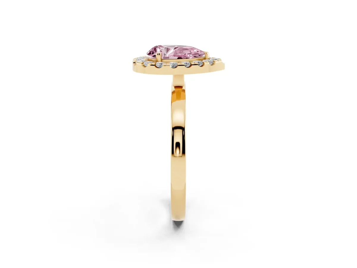 Fancy Pink Pear Cut Halo Diamond Solitaire with Pavé Band and Four-Prong Setting Yellow gold