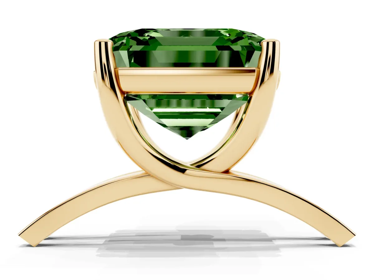 Fancy Green Asscher Cut Cut Diamond Solitaire Engagement Ring with Tapered Plain Band and Four-Prong Setting Yellow gold