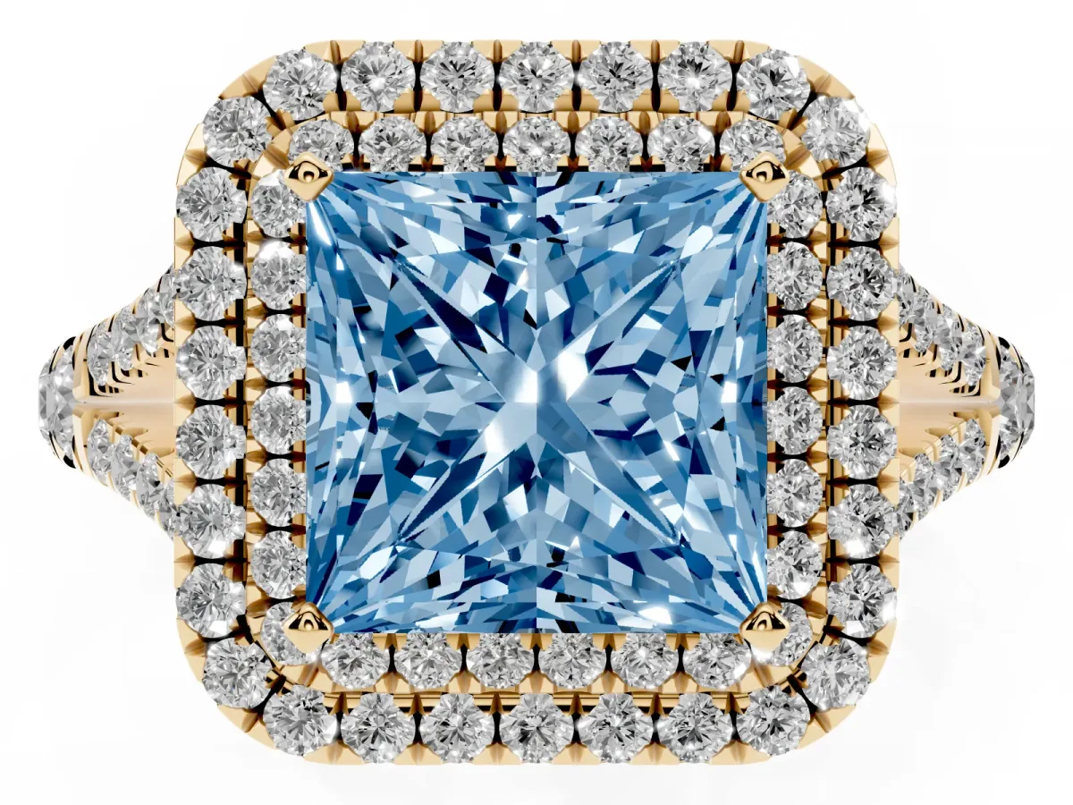 Fancy Blue Princess Cut Diamond Pavé Split Shank Double Halo Engagement Ring Yellow gold