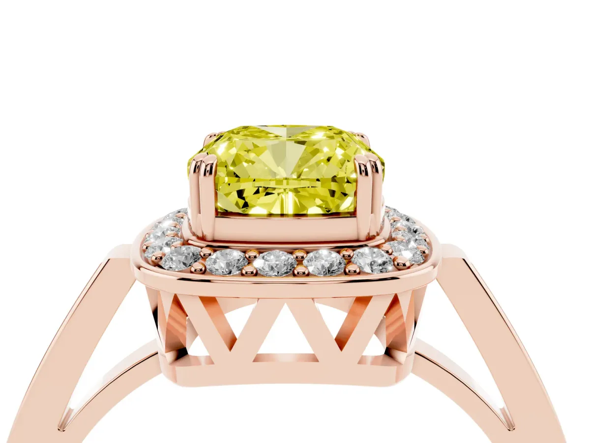 Fancy Yellow Cushion Cut Diamond Halo Ring with Split Shank and Four-Prong Setting Rose gold