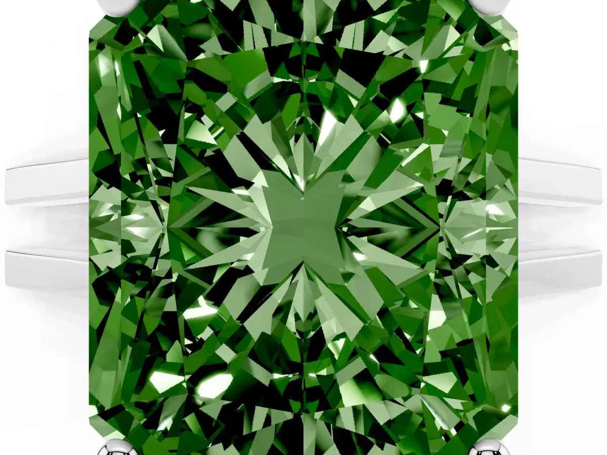 Fancy Green Radiant Cut Cut Diamond Solitaire Engagement Ring with Tapered Plain Band and Four-Prong Setting Silver