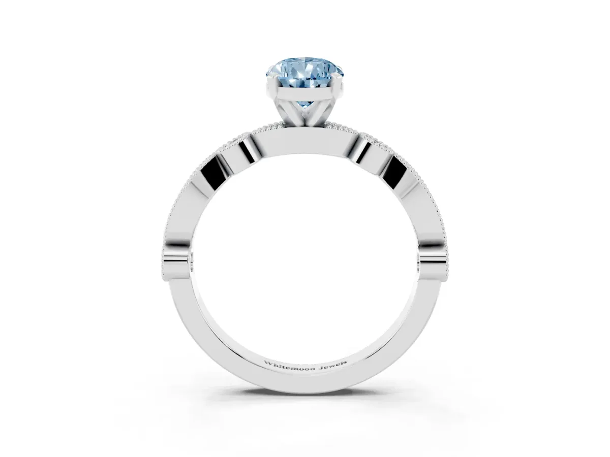 Fancy Blue Pear Cut Milgrain Bezel Diamond Engagement Ring with Solitaire Prong Setting Platinum