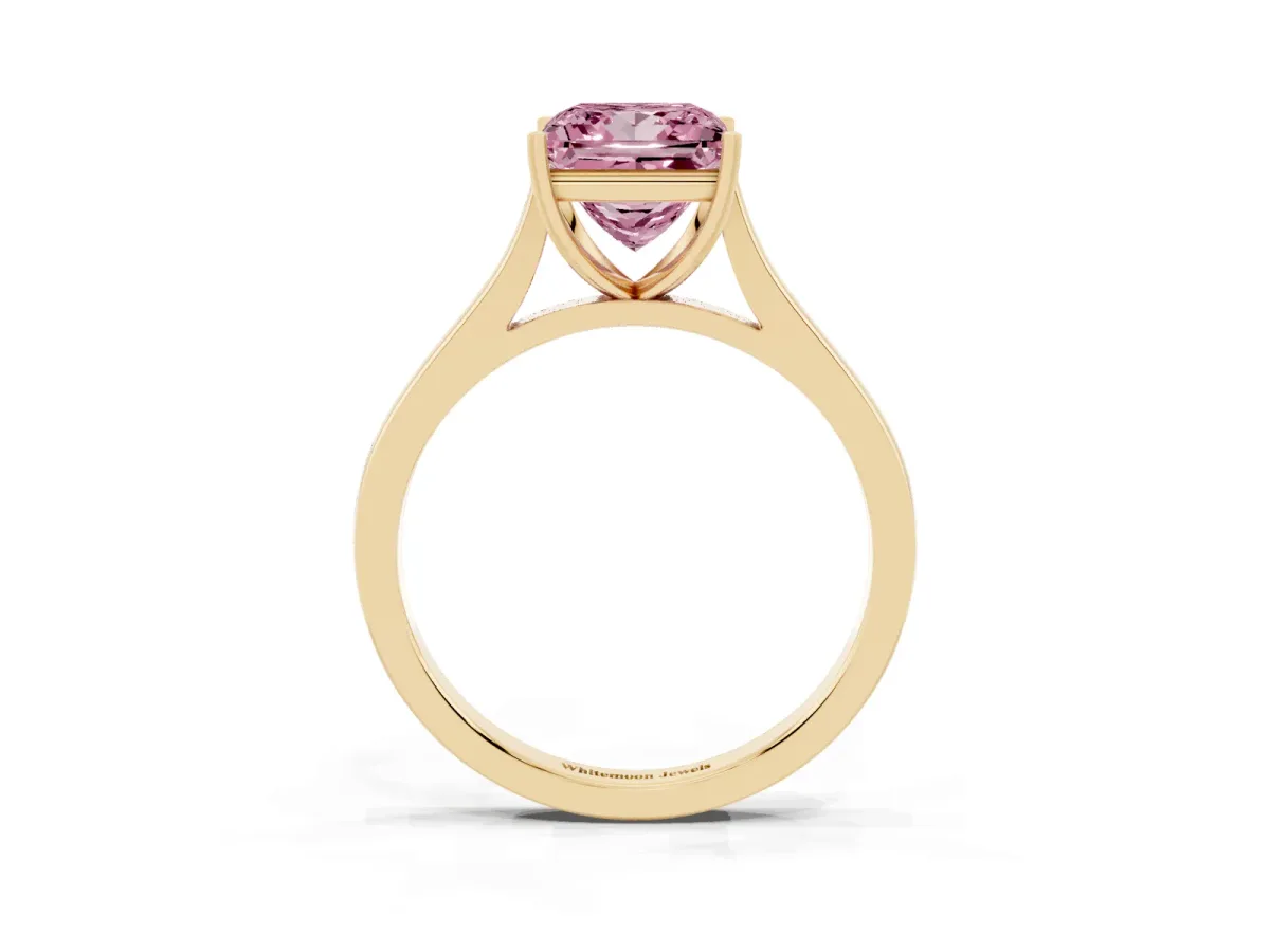 Fancy Pink Princess Cut Solitaire Heart Prong Engagement Ring with Tapered Band Yellow gold