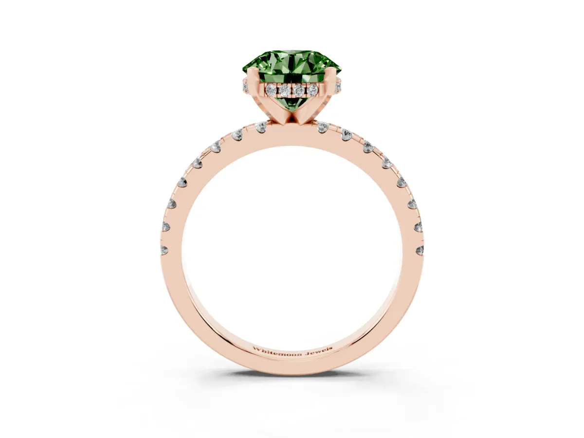 Fancy Green Round Cut Diamond Solitaire Ring with Round Pavé Band and Four-Prong Setting Rose gold
