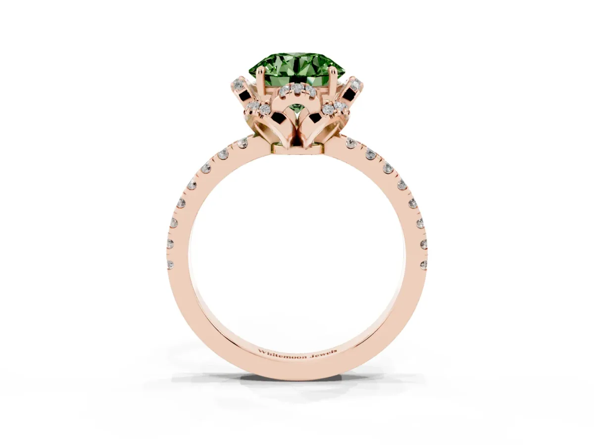 Fancy Green Round Cut Halo Diamond Pave Band Ring with Four-Prong Setting Rose gold