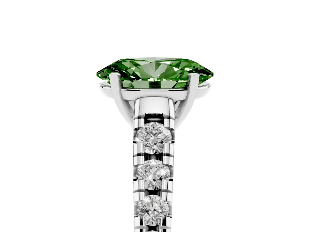 Fancy Green Oval Cut Diamond Cathedral Solitaire Ring with Round Pavé Band Silver