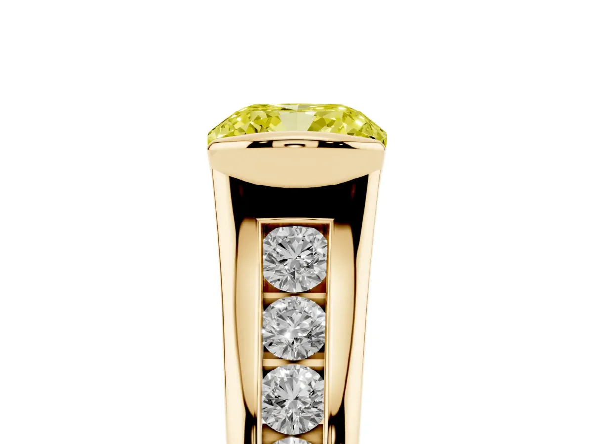 Fancy Yellow Cushion Cut Solitaire Bezel-Set Diamond Ring with Channel-Set Band Yellow gold