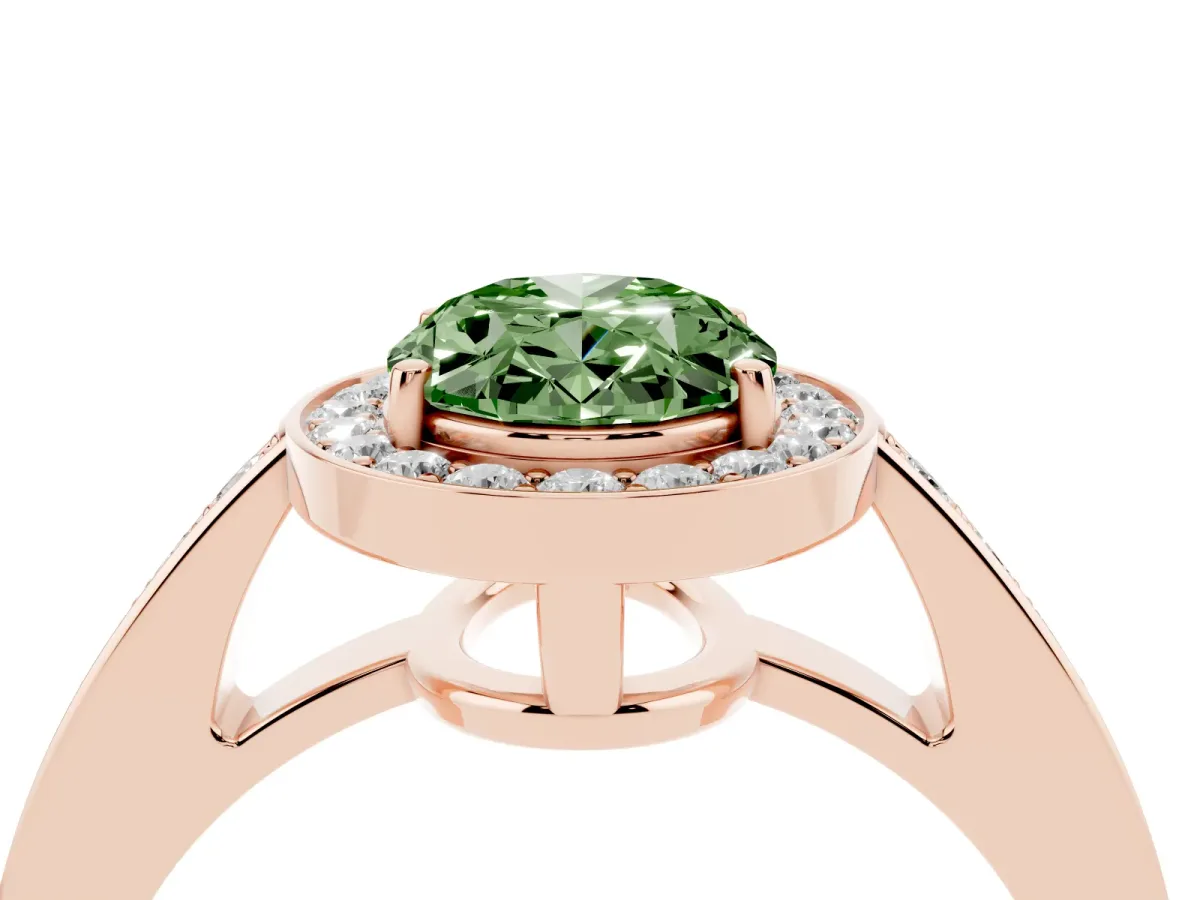 Fancy Green Oval Cut Halo Pavé Diamond Engagement Ring with Bezel Setting Rose gold