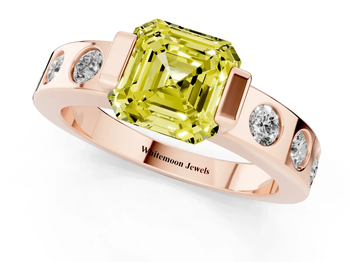 Fancy Yellow Asscher Cut Brilliant Channel-Set Diamond Ring with Bezel Prong Setting Rose gold