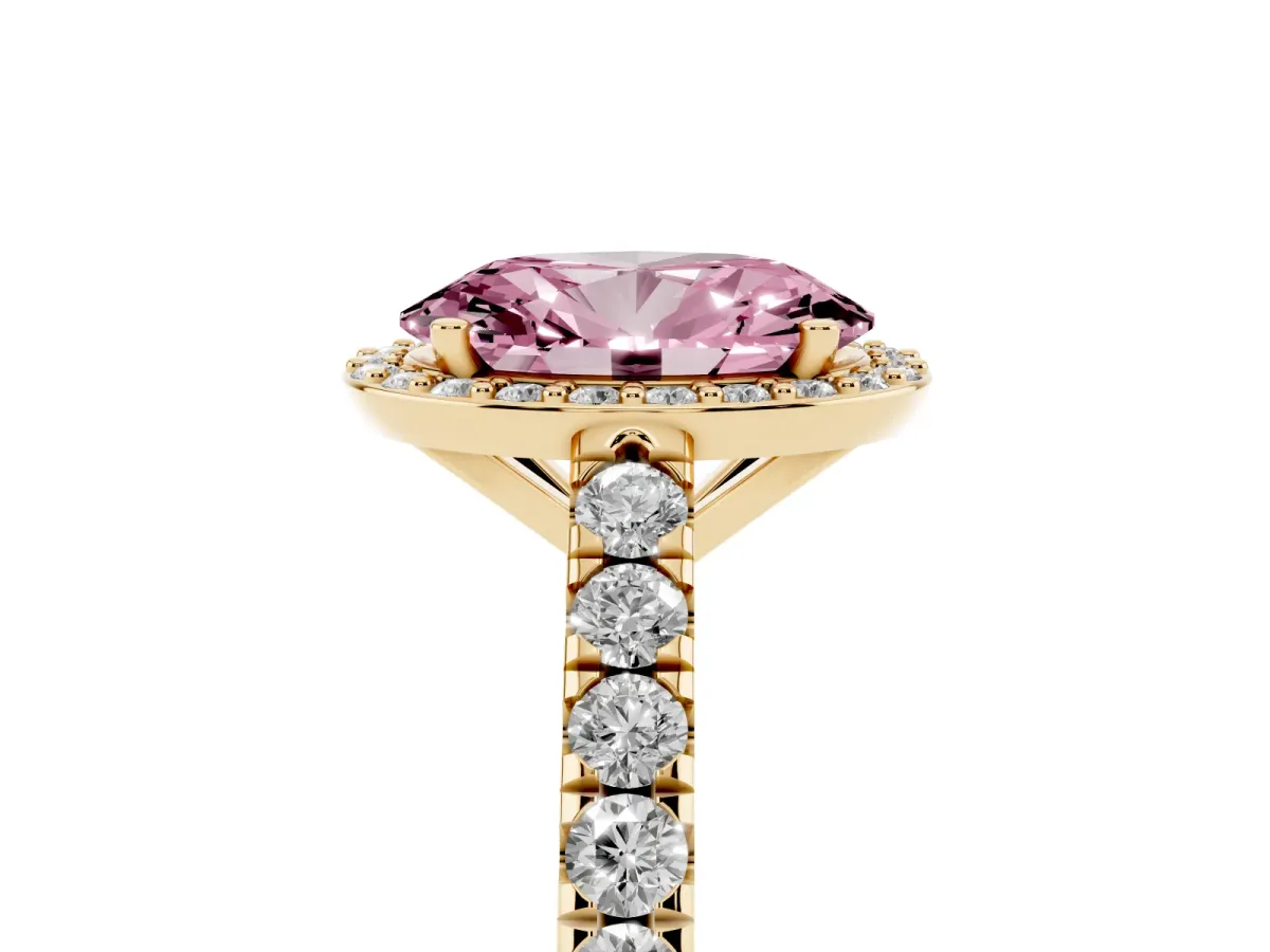 Fancy Pink Oval Cut Cut Halo Diamond Engagement Ring with Pave Band and Four-Prong Setting Yellow gold