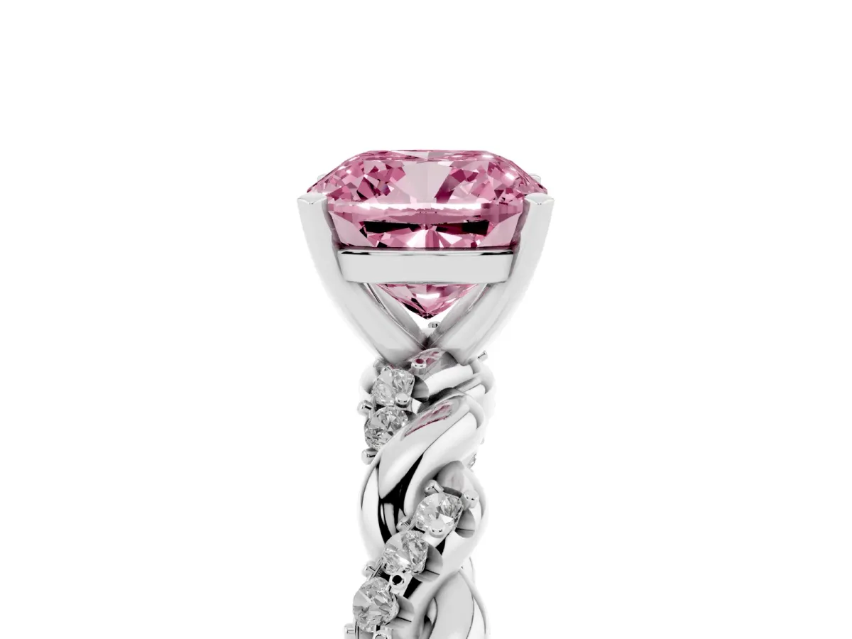 Fancy Pink Cushion Cut Diamond Solitaire Ring with Twisted Band and Pavé Accents Platinum