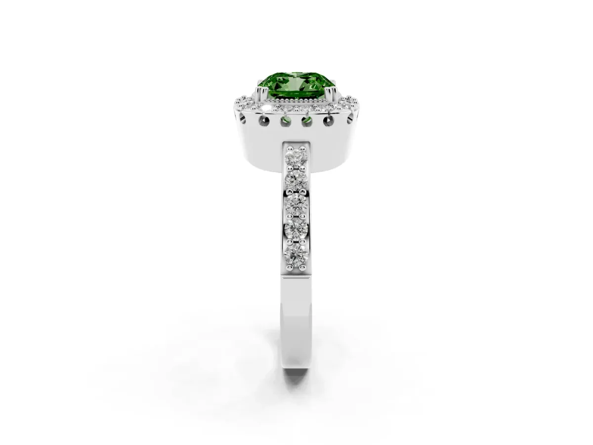 Fancy Green Cushion Cut Diamond Halo Ring with Pavé Band and Prong Setting Silver