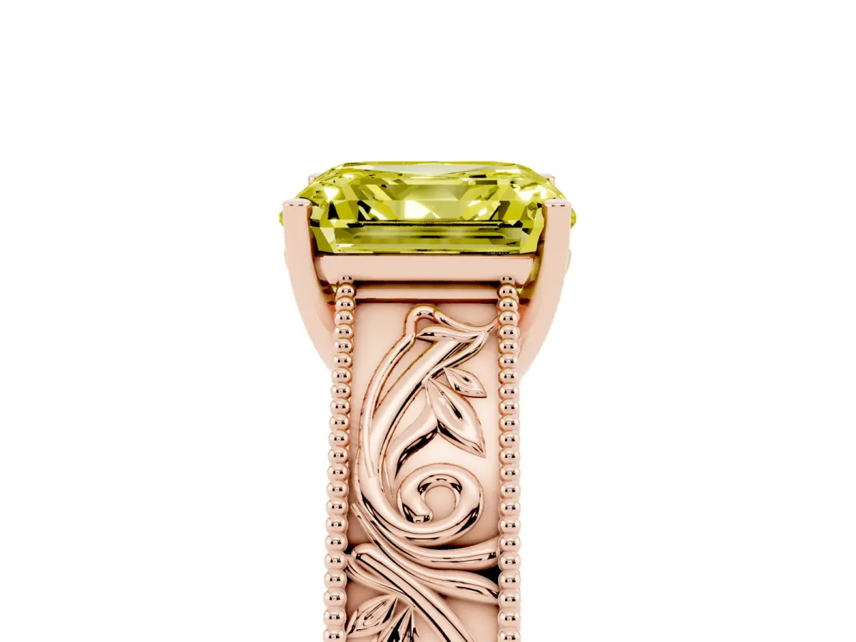 Fancy Yellow Asscher Cut Diamond Solitaire Ring with Engraved Band and Four-Prong Setting Rose gold