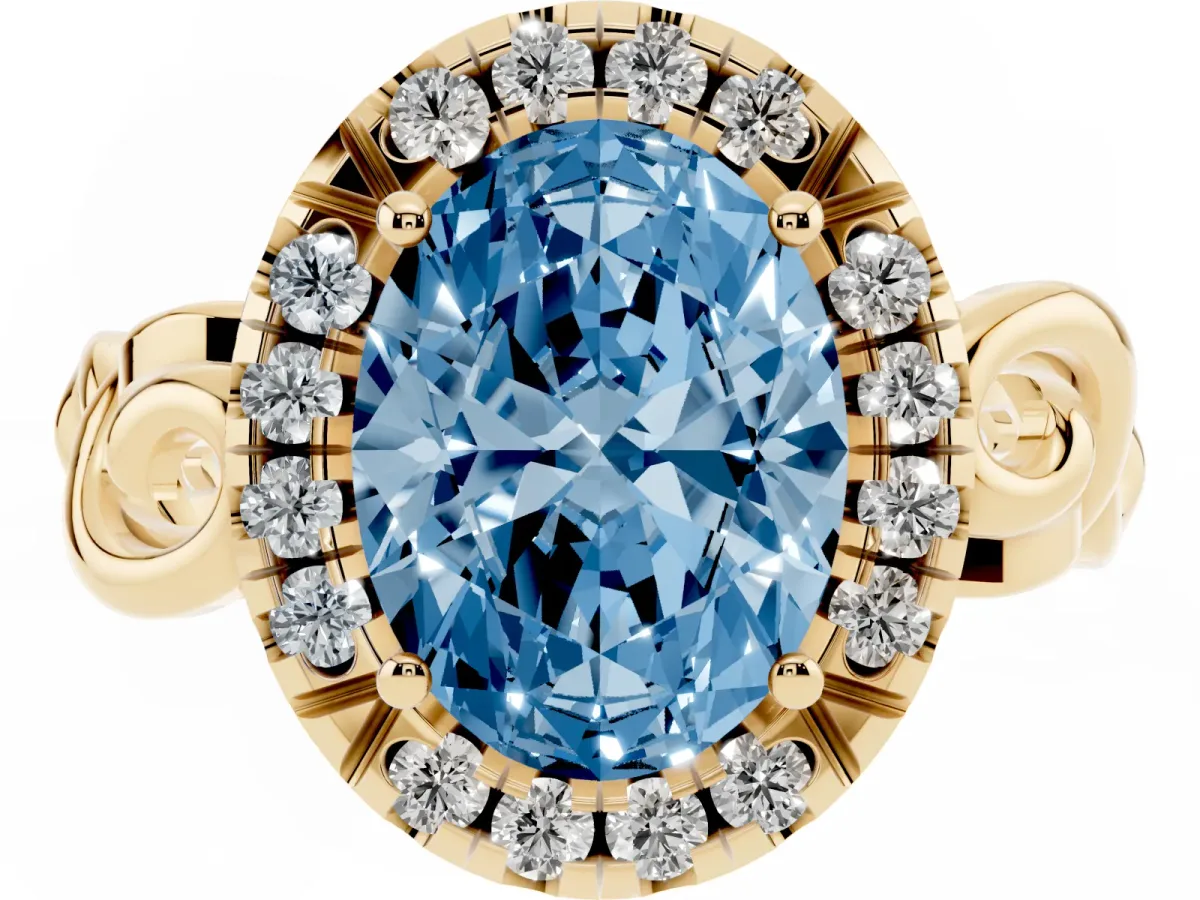 Fancy Blue Oval Cut Cut Halo Diamond Ring with Scrollwork Band and Four-Prong Setting Yellow gold