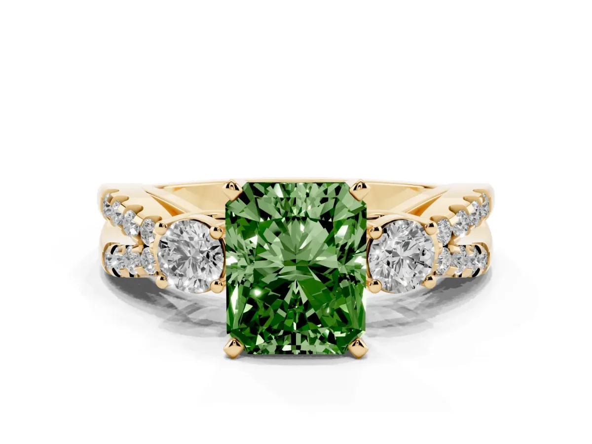Fancy Green Radiant Cut Diamond Three-Stone Ring with Pavé Split Shank and Four-Prong Setting Yellow gold