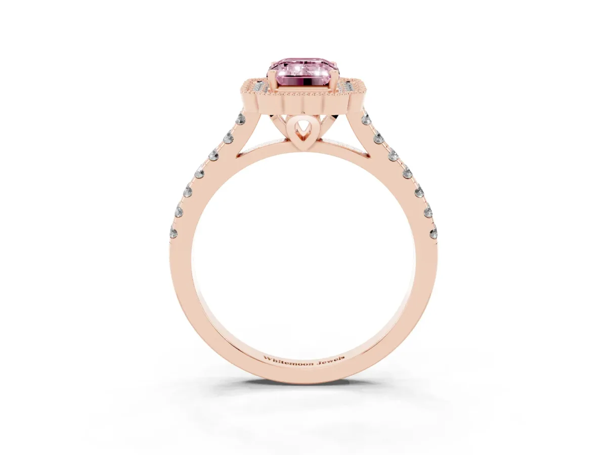 Fancy Pink Emerald Cut Cut Diamond Milgrain Floral Halo Engagement Ring with Pavé Band Rose gold