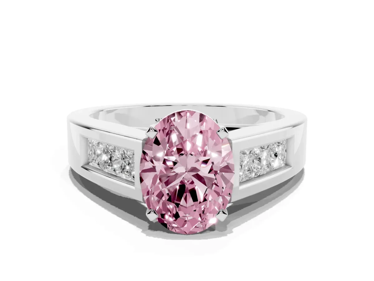 Fancy Pink Oval Cut Cut Channel Set Solitaire Ring with Four-Prong Setting Platinum