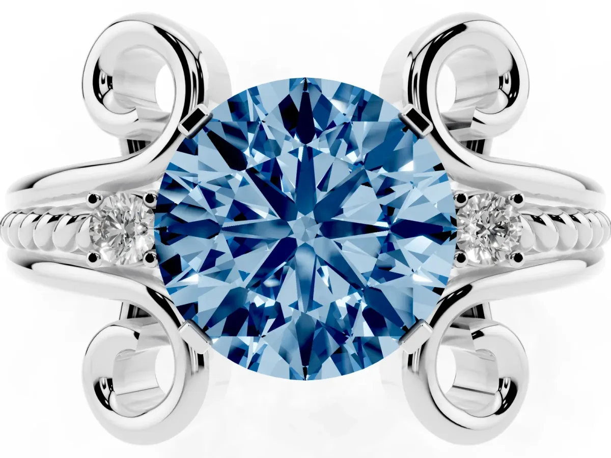 Fancy Blue Round Cut Solitaire Twisted Band Scroll Prong Ring Platinum