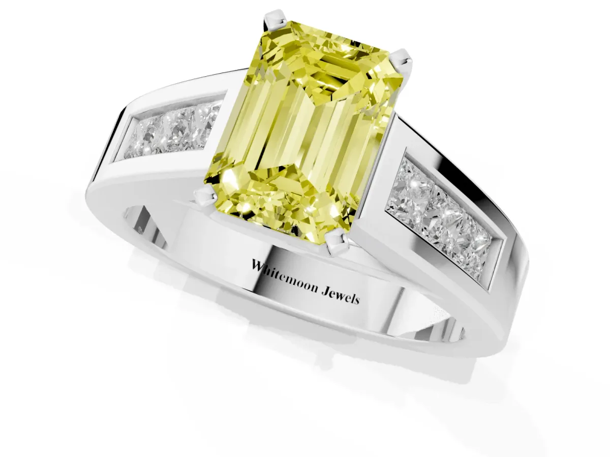 Fancy Yellow Emerald Cut Cut Channel Set Solitaire Ring with Four-Prong Setting Silver