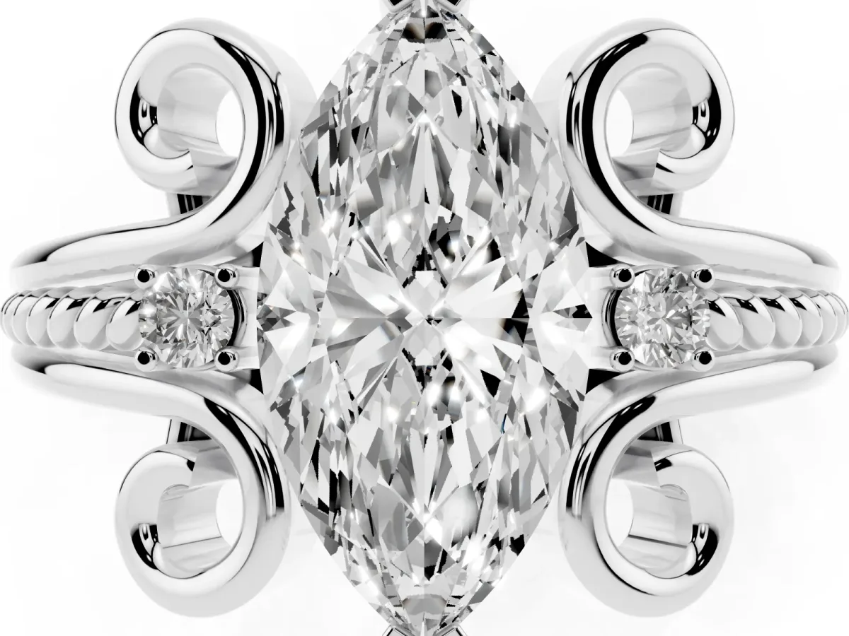 Marquise Cut Solitaire Twisted Band Scroll Prong Ring White gold