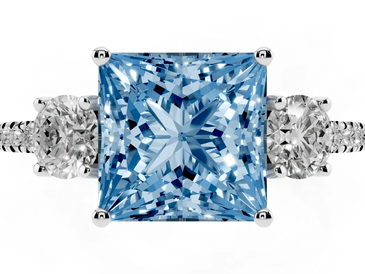 Fancy Blue Three-Stone Princess Cut Cut Diamond Pavé Band with Prong Setting Silver