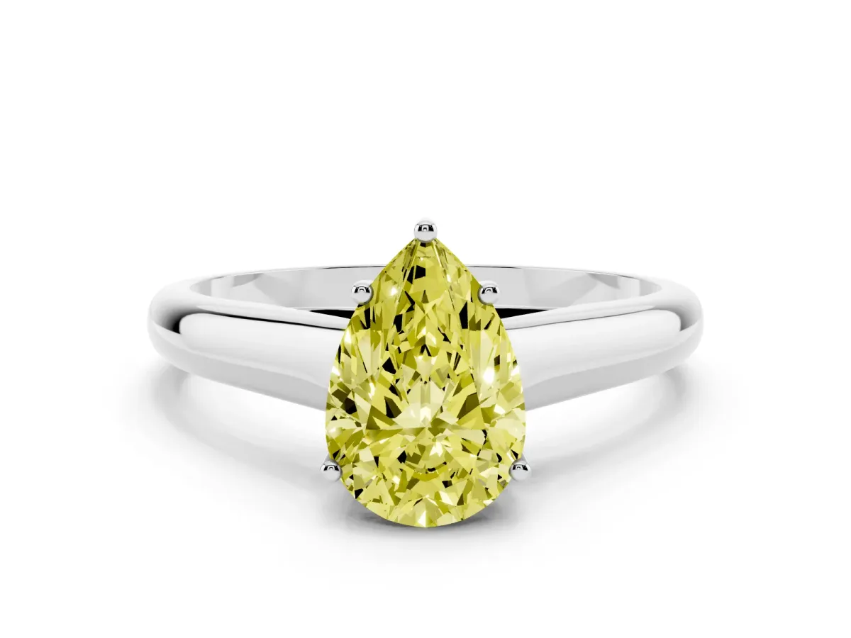 Fancy Yellow Pear Cut Solitaire Engagement Ring with Tapered Band and Four-Prong Setting Silver
