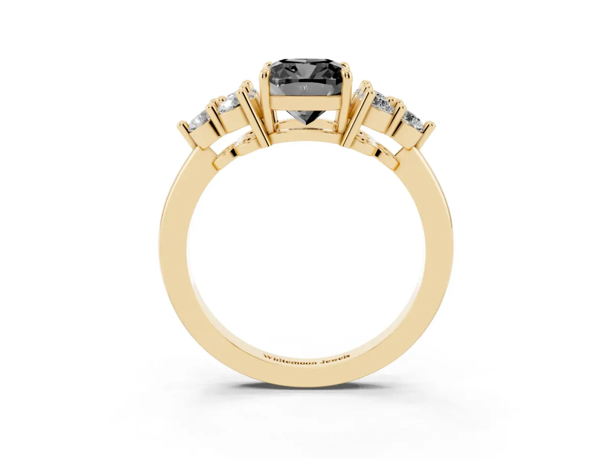 Fancy Black Cushion Cut Brilliant Diamond Cluster Accent Solitaire Ring with Prong Setting Yellow gold