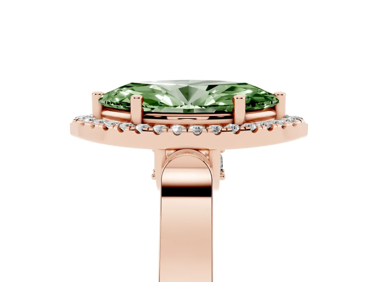 Fancy Green Marquise Cut Halo Round Diamond Twist Band with Four-Prong Setting Rose gold