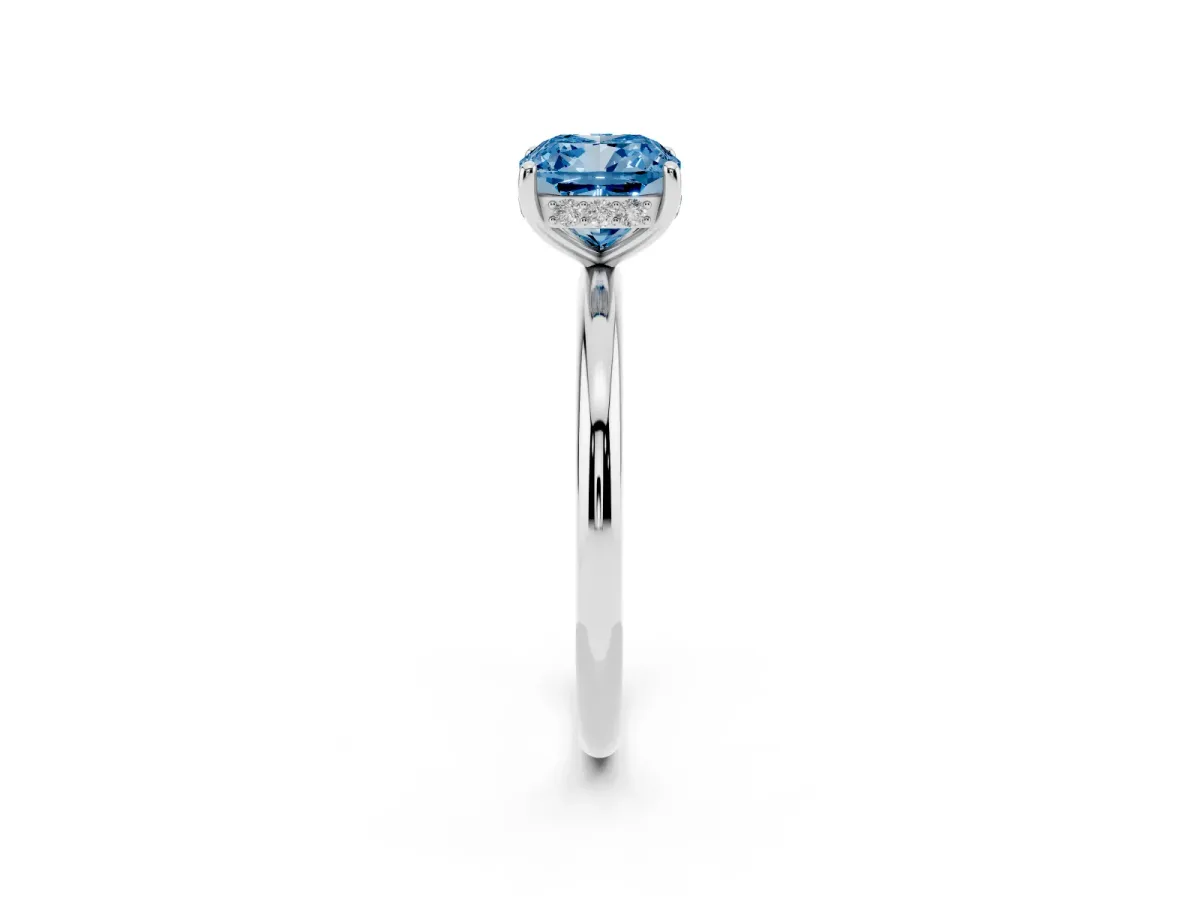 Fancy Blue Cushion Cut Solitaire Diamond Ring with a Classic Band and Four-Prong Setting Silver