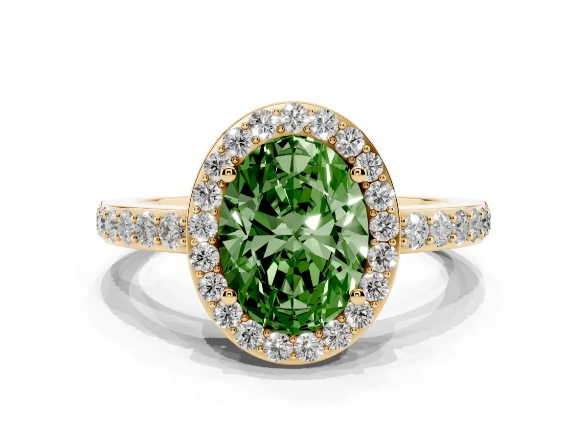 Fancy Green Oval Cut Halo Diamond Pavé Band Ring with Prong Setting Yellow gold