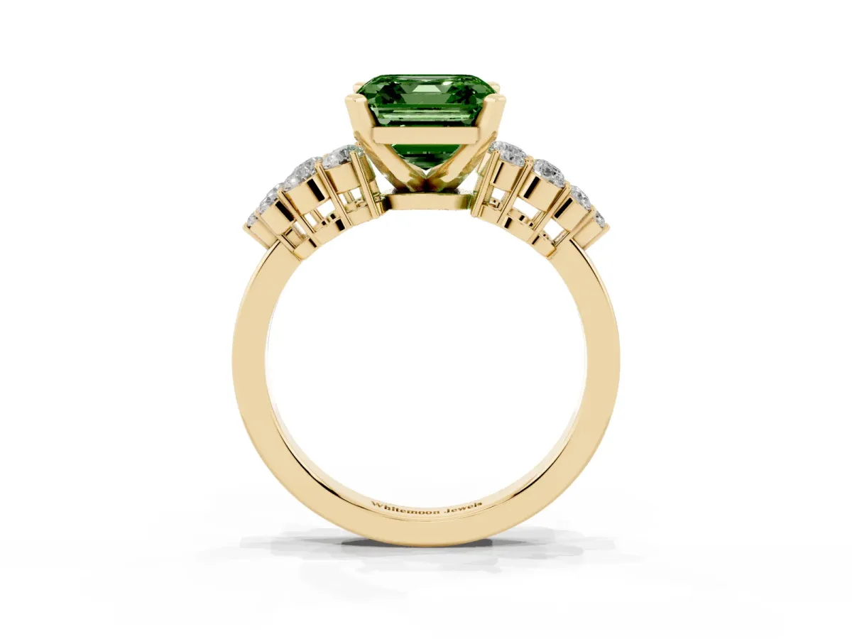 Fancy Green Asscher Cut Cluster Diamond Engagement Ring with Pavé Band and Four-Prong Setting Yellow gold