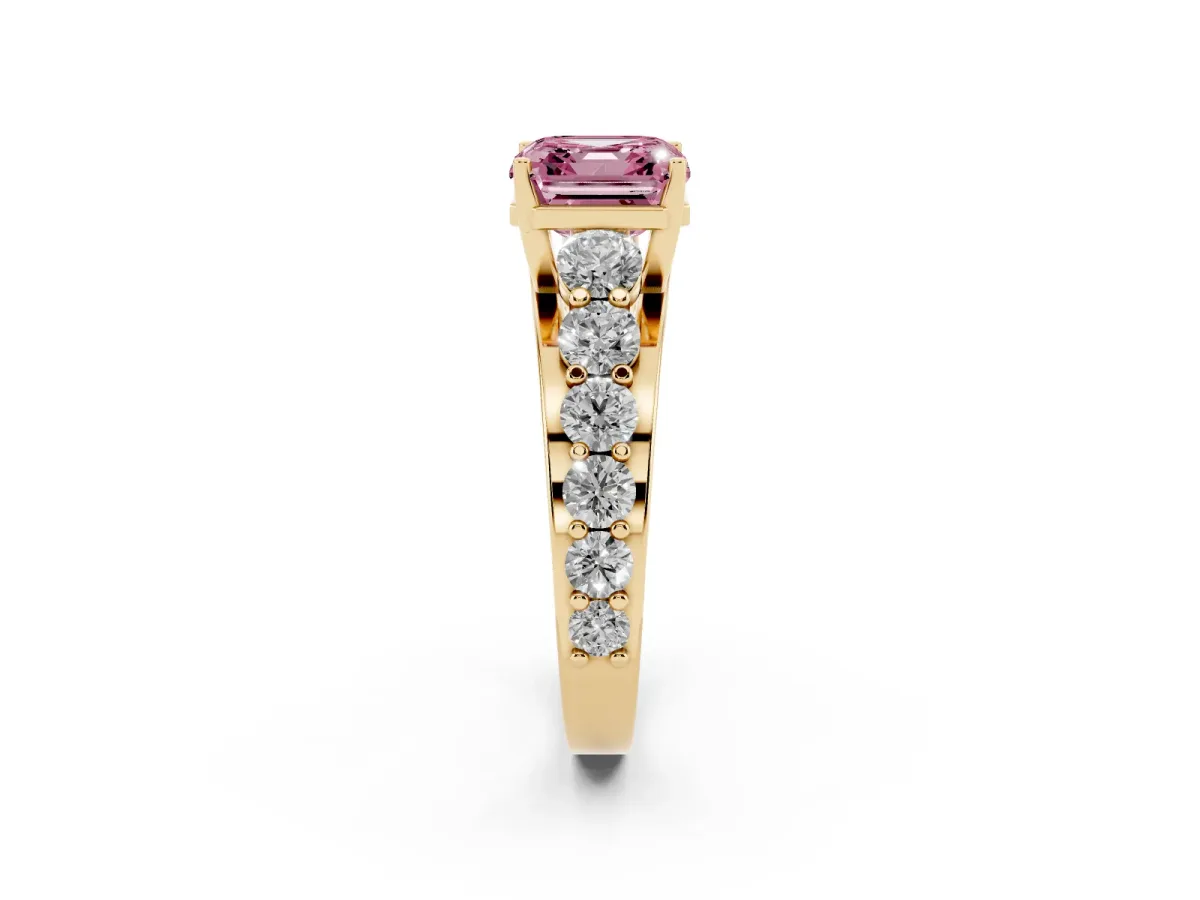 Fancy Pink Asscher Cut Diamond Engagement Ring with Pavé Band and Four-Prong Setting Yellow gold