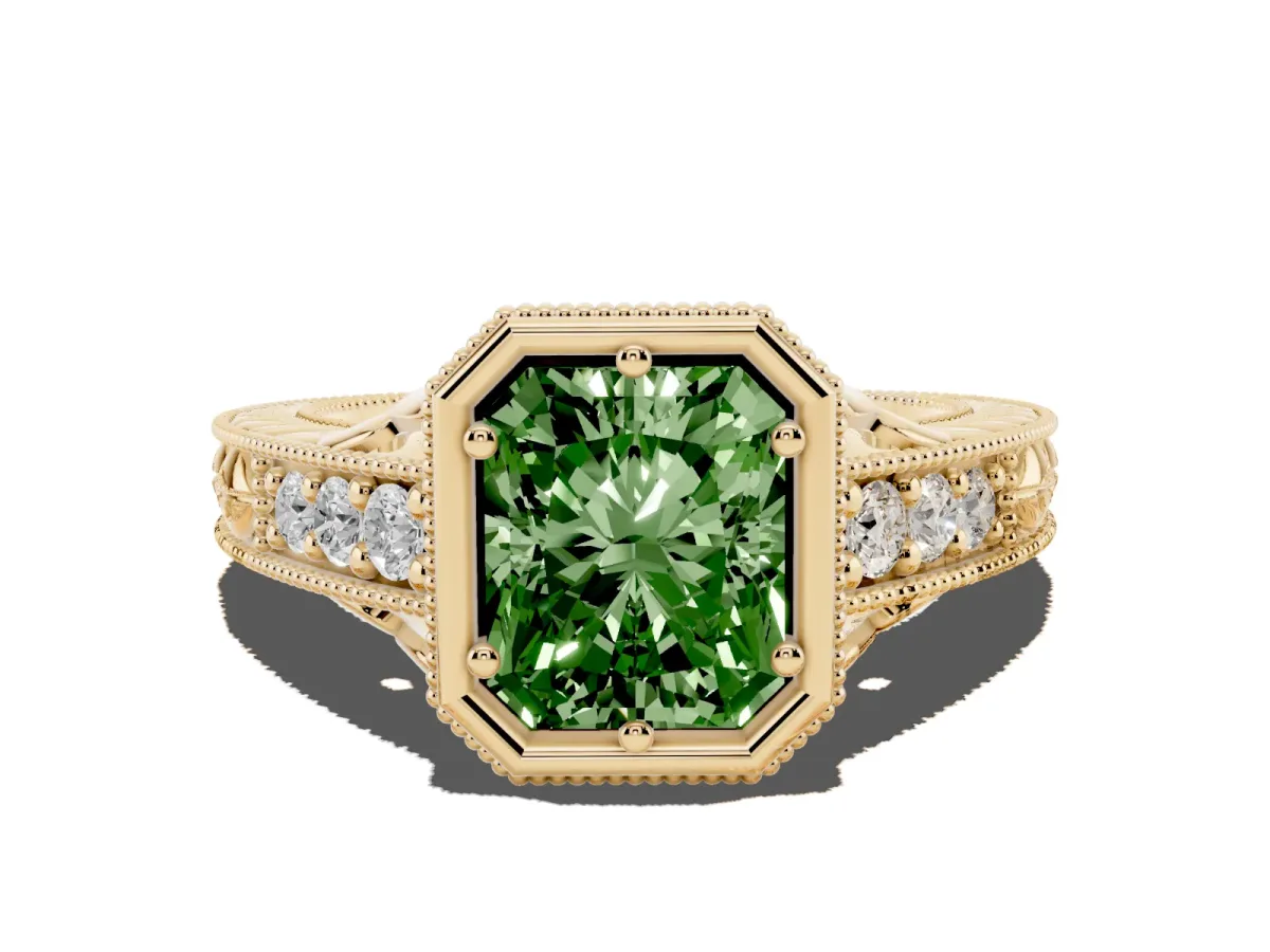 Fancy Green Bezel Set Radiant Cut Diamond Milgrain Pave Engagement Ring Yellow gold