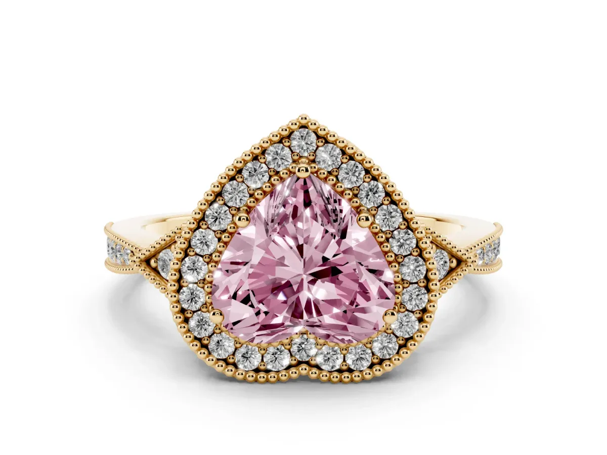 Fancy Pink Heart Cut Halo Round Diamond Milgrain Pave Engagement Ring Yellow gold