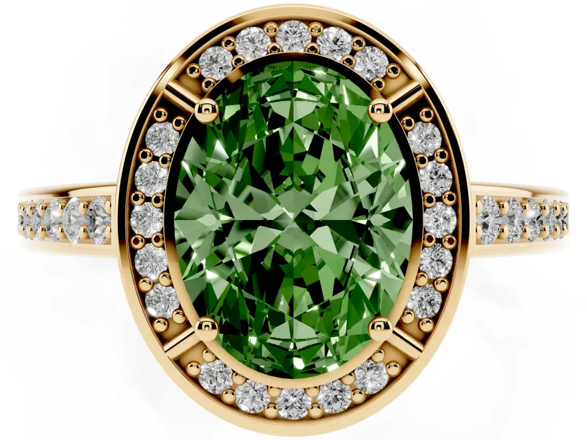 Fancy Green Oval Cut Cut Halo Pave Split Shank Prong Setting Ring Yellow gold