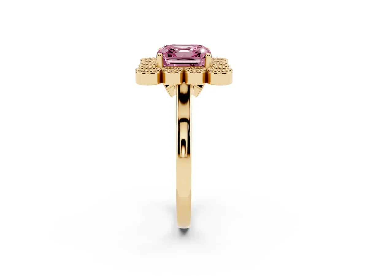 Fancy Pink Asscher Cut Halo Diamond Cluster Engagement Ring with Milgrain Bezel Setting and Solitaire Band Yellow gold