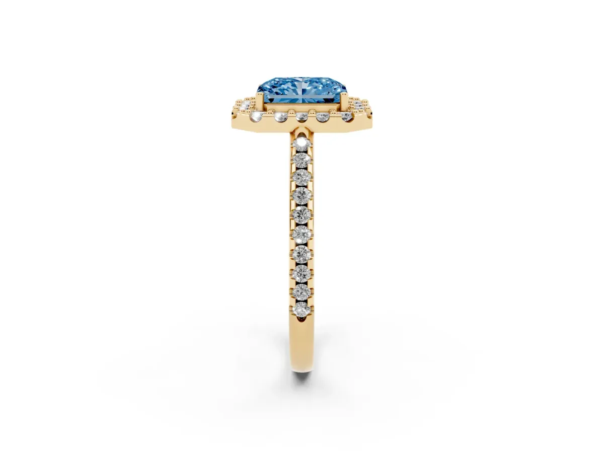 Fancy Blue Radiant Cut Diamond Pavé Halo Ring with Four-Prong Setting Yellow gold