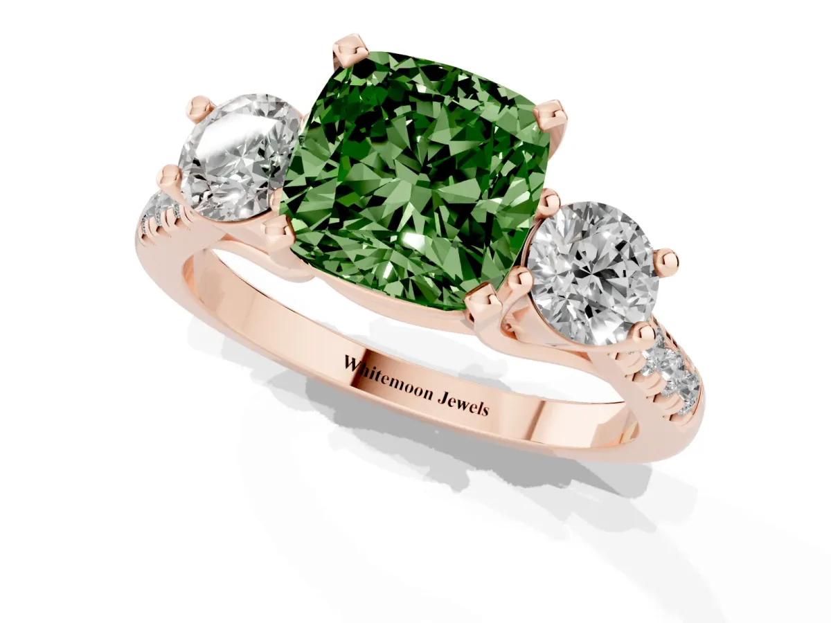Fancy Green Three-Stone Cushion Cut Diamond Pavé Band with Four-Prong Setting Rose gold