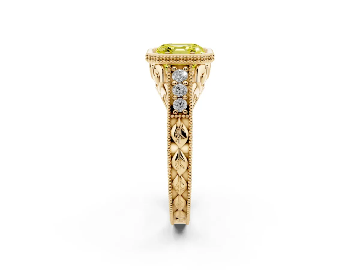 Fancy Yellow Bezel Set Asscher Cut Diamond Milgrain Pave Engagement Ring Yellow gold