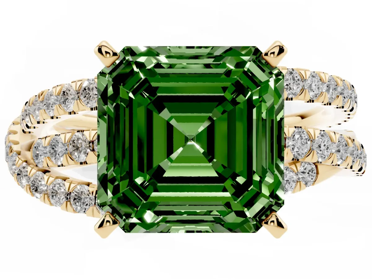 Fancy Green Asscher Cut Solitaire Twist Band with Pavé Setting and Four-Prong Setting Yellow gold