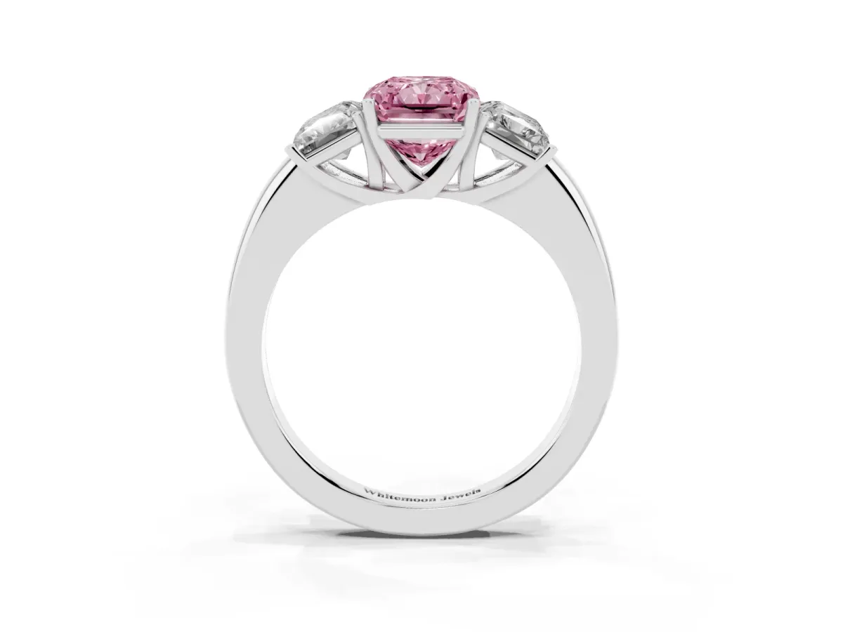 Fancy Pink Radiant Cut Diamond Three-Stone Ring with Four-Prong Setting and Classic Band Silver