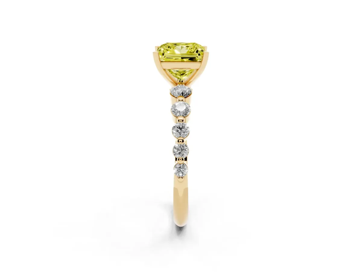 Fancy Yellow Princess Cut Solitaire Diamond Ring with Pave Band and Four-Prong Setting Yellow gold