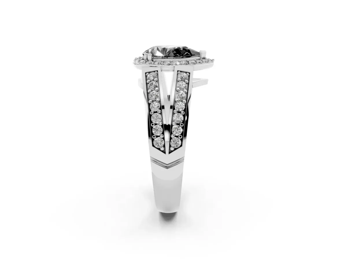 Fancy Black Pear Cut Diamond Halo Ring with Split Shank Pavé Band and Four-Prong Setting Silver