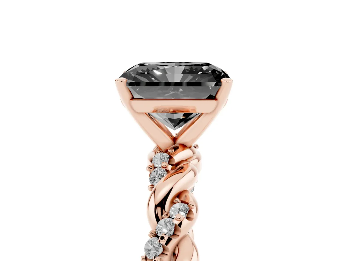 Fancy Black Radiant Cut Diamond Solitaire Ring with Twisted Band and Pavé Accents Rose gold