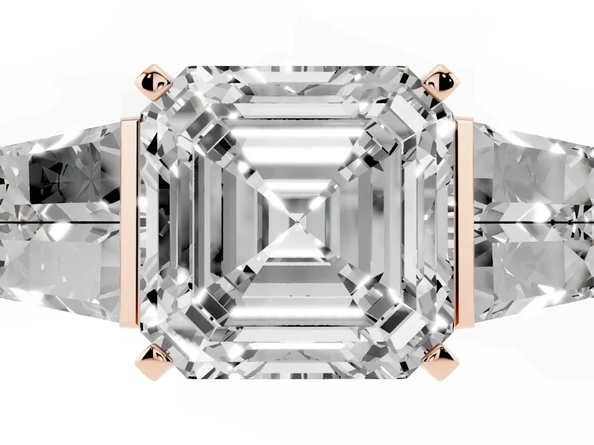 Asscher Cut Diamond Engagement Ring with Baguette Side Stones and Channel Set Band Rose gold