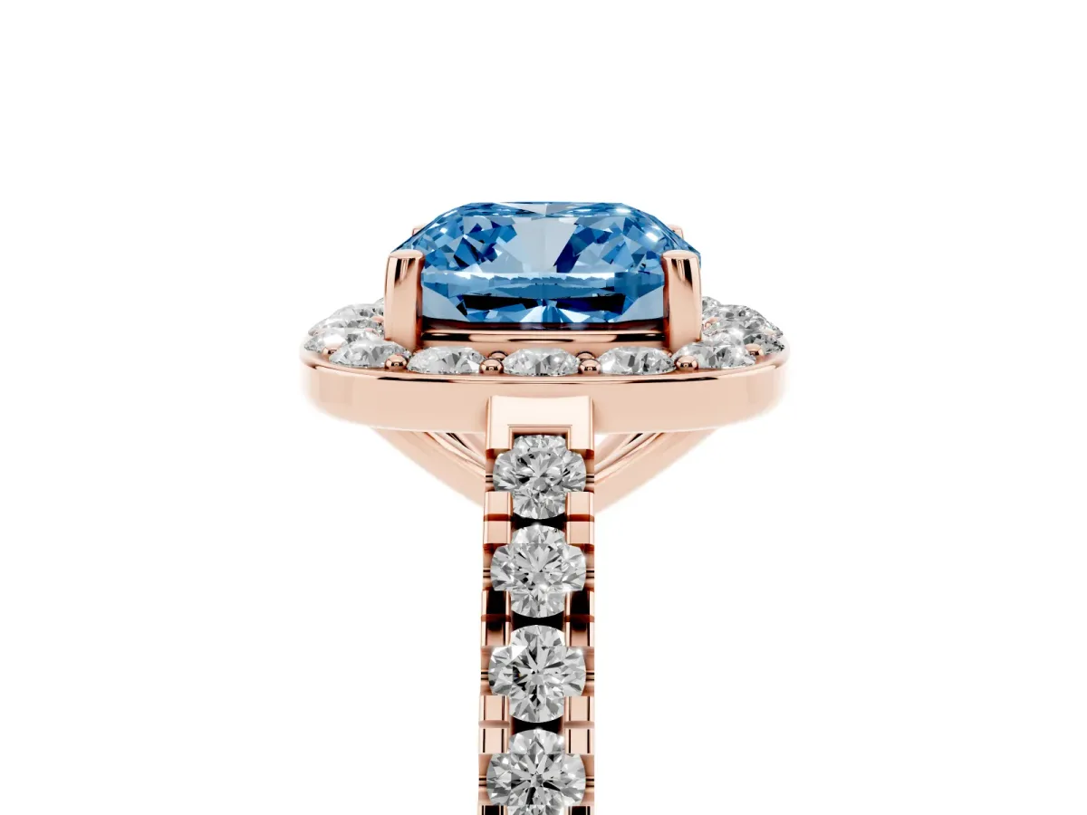 Fancy Blue Cushion Cut Diamond Halo Ring with Round Pavé Split Shank and Prong Setting Rose gold