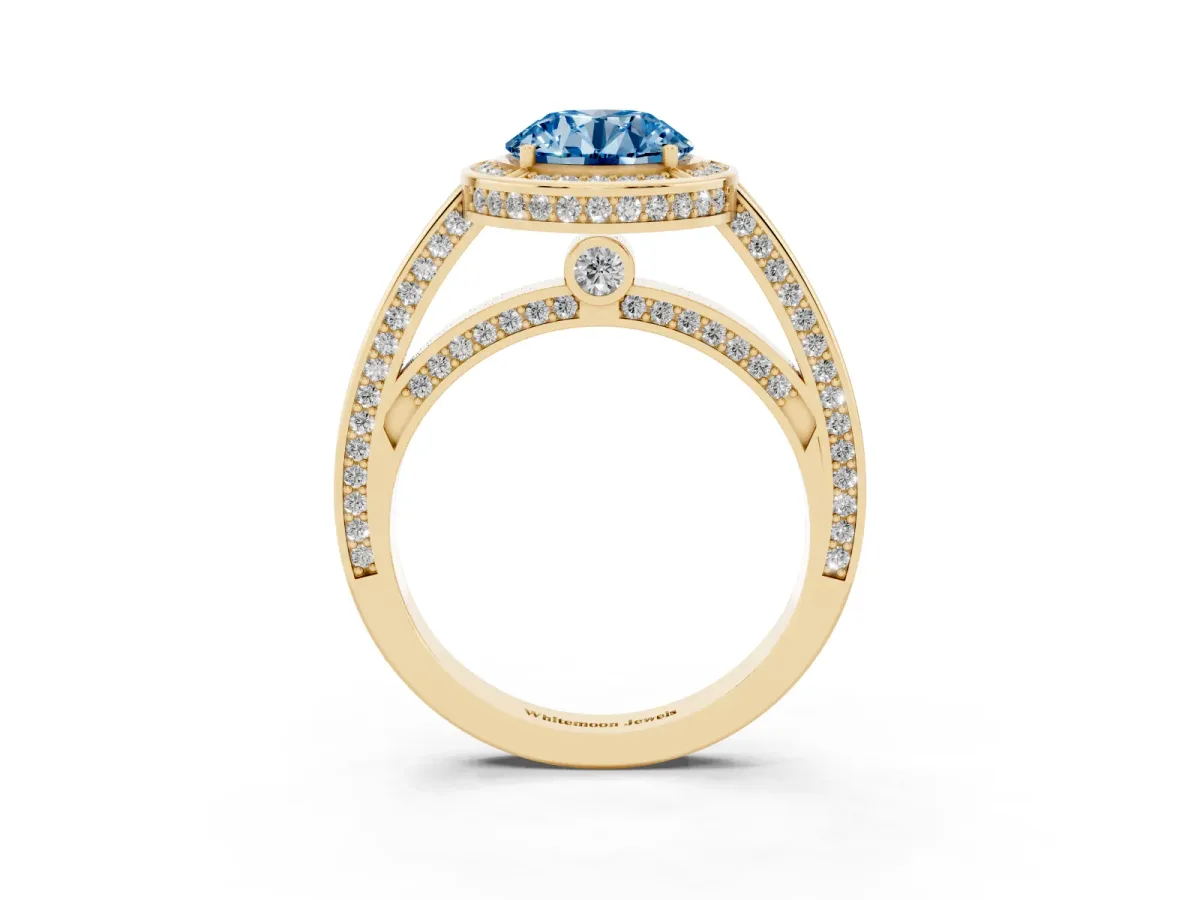 Fancy Blue Round Cut Cut Halo Pave Split Shank Prong Setting Ring Yellow gold