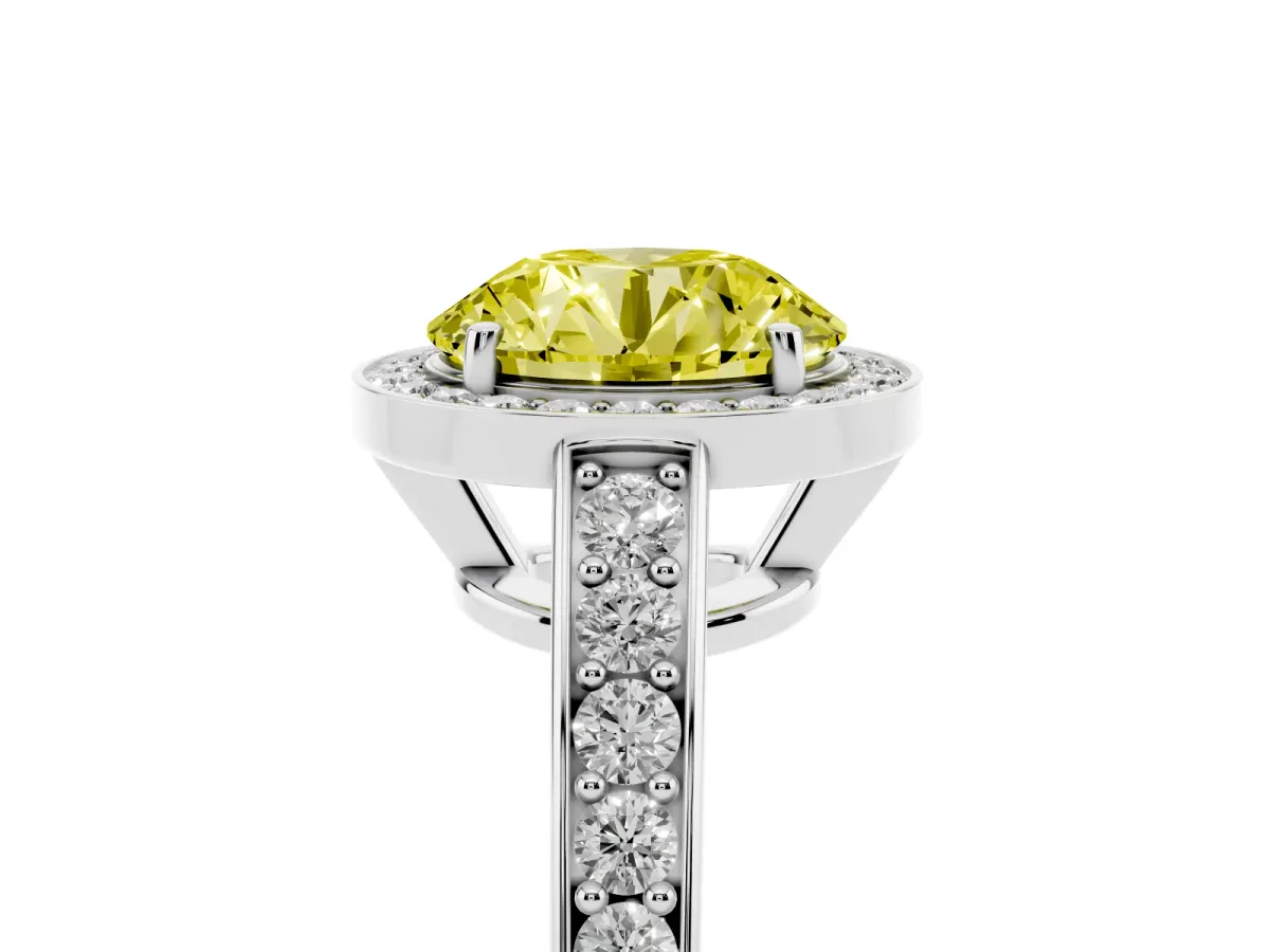 Fancy Yellow Round Cut Halo Pavé Diamond Engagement Ring with Bezel Setting Silver