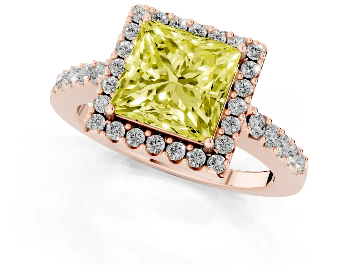 Fancy Yellow Princess Cut Halo Diamond Pavé Solitaire Ring Rose gold